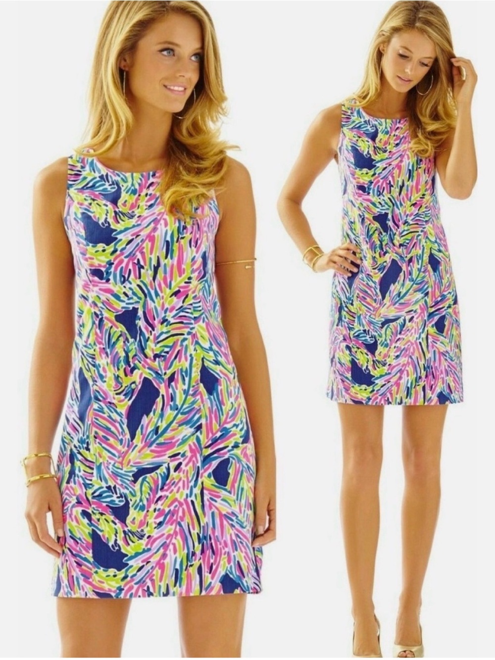 Lilly Pulitzer Multicolor Navy Pink Green Vibrant Shift Mini Dress, Size 14
